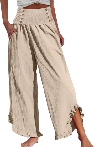 Women Linen Palazzo Pants 2025 Summer High Waisted Wide Leg Pant Pleated Beach Travel Trousers with Pockets