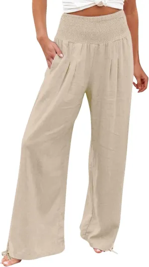 Women Linen Summer Casual Loose Palazzo Lounge Pants High Waist Bootcut Slim-Fit Pants Office