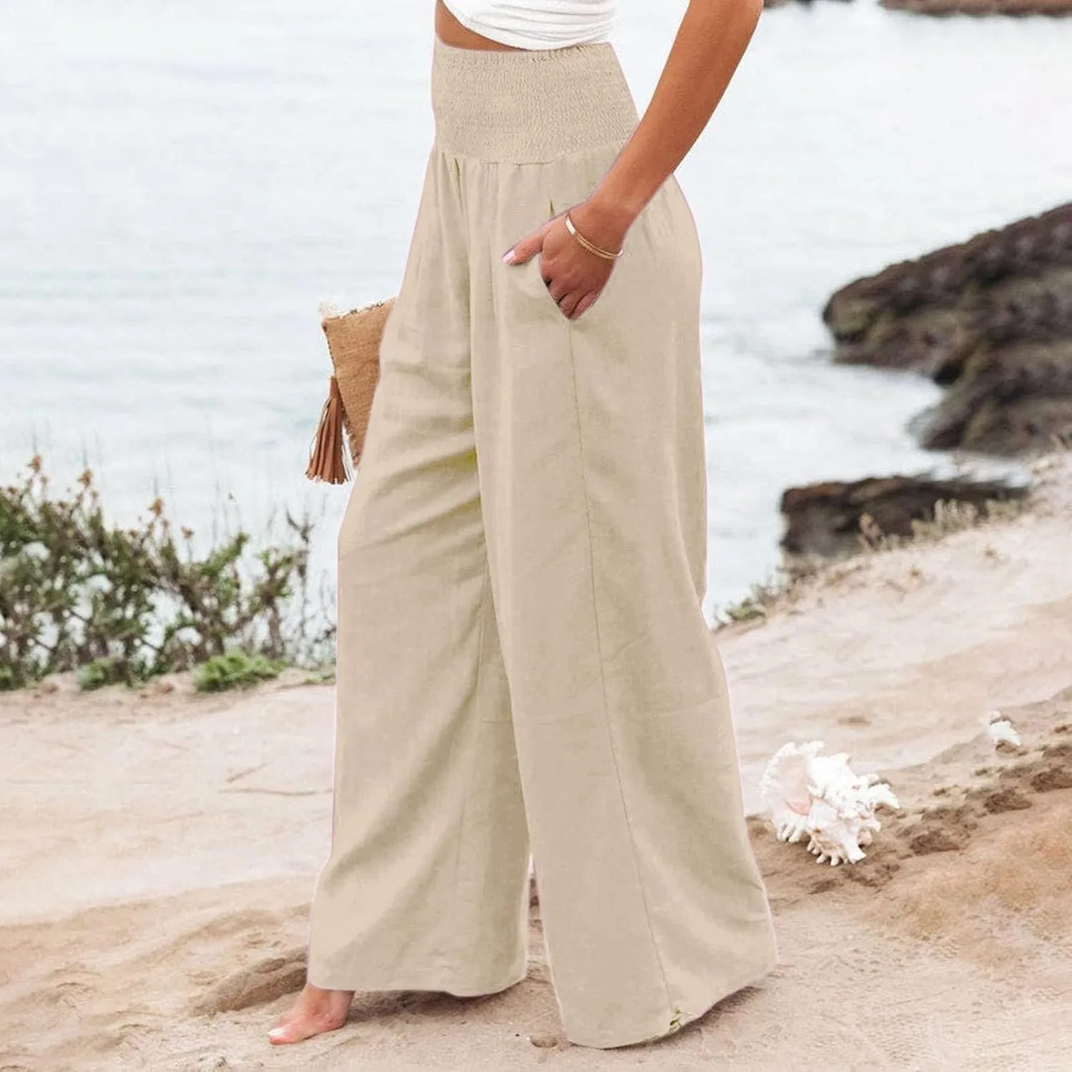 Women Linen Summer Casual Loose Palazzo Lounge Pants High Waist Bootcut Slim-Fit Pants Office