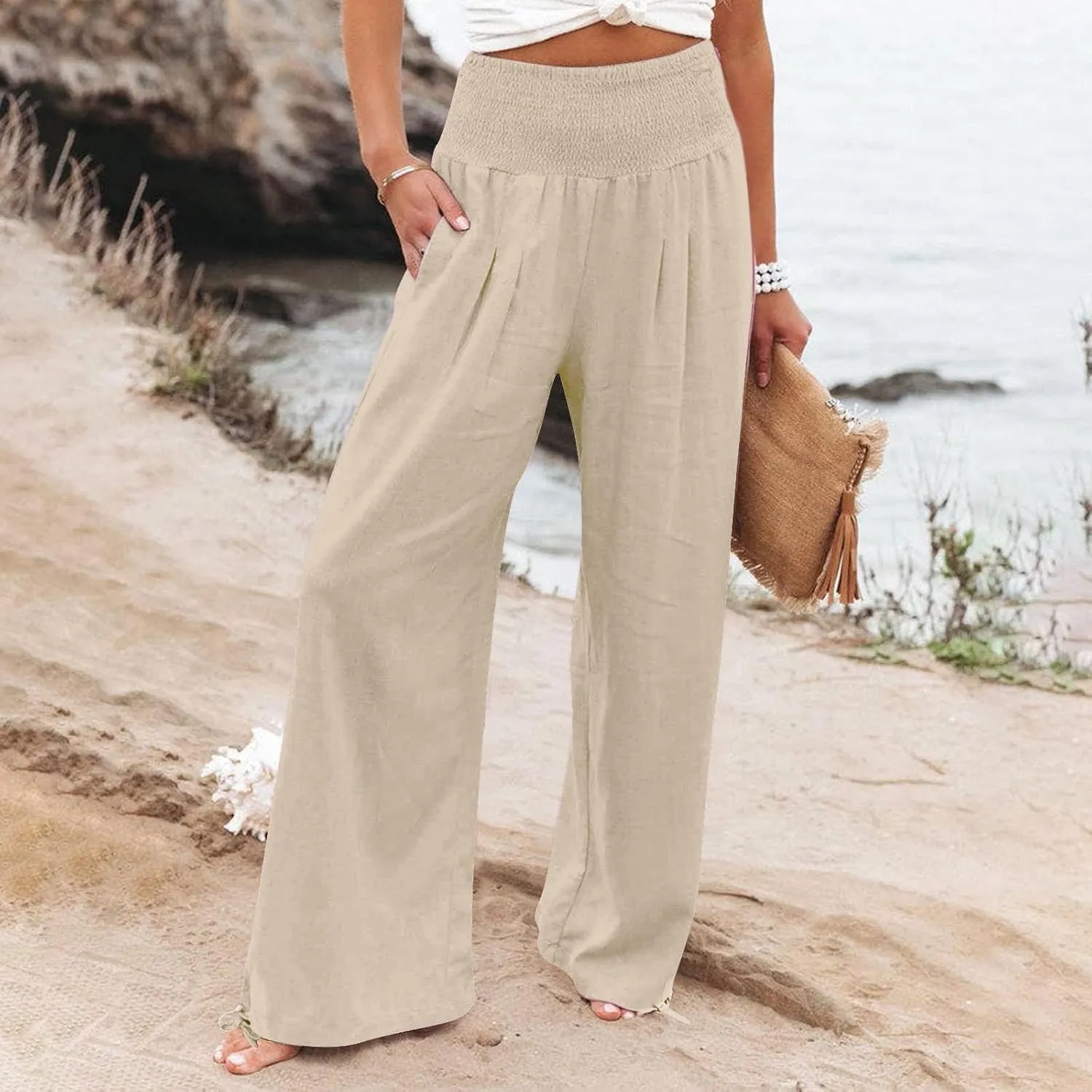 Women Linen Summer Casual Loose Palazzo Lounge Pants High Waist Bootcut Slim-Fit Pants Office