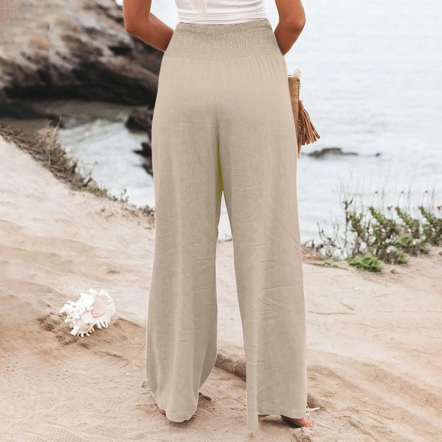 Women Linen Summer Casual Loose Palazzo Lounge Pants High Waist Bootcut Slim-Fit Pants Office