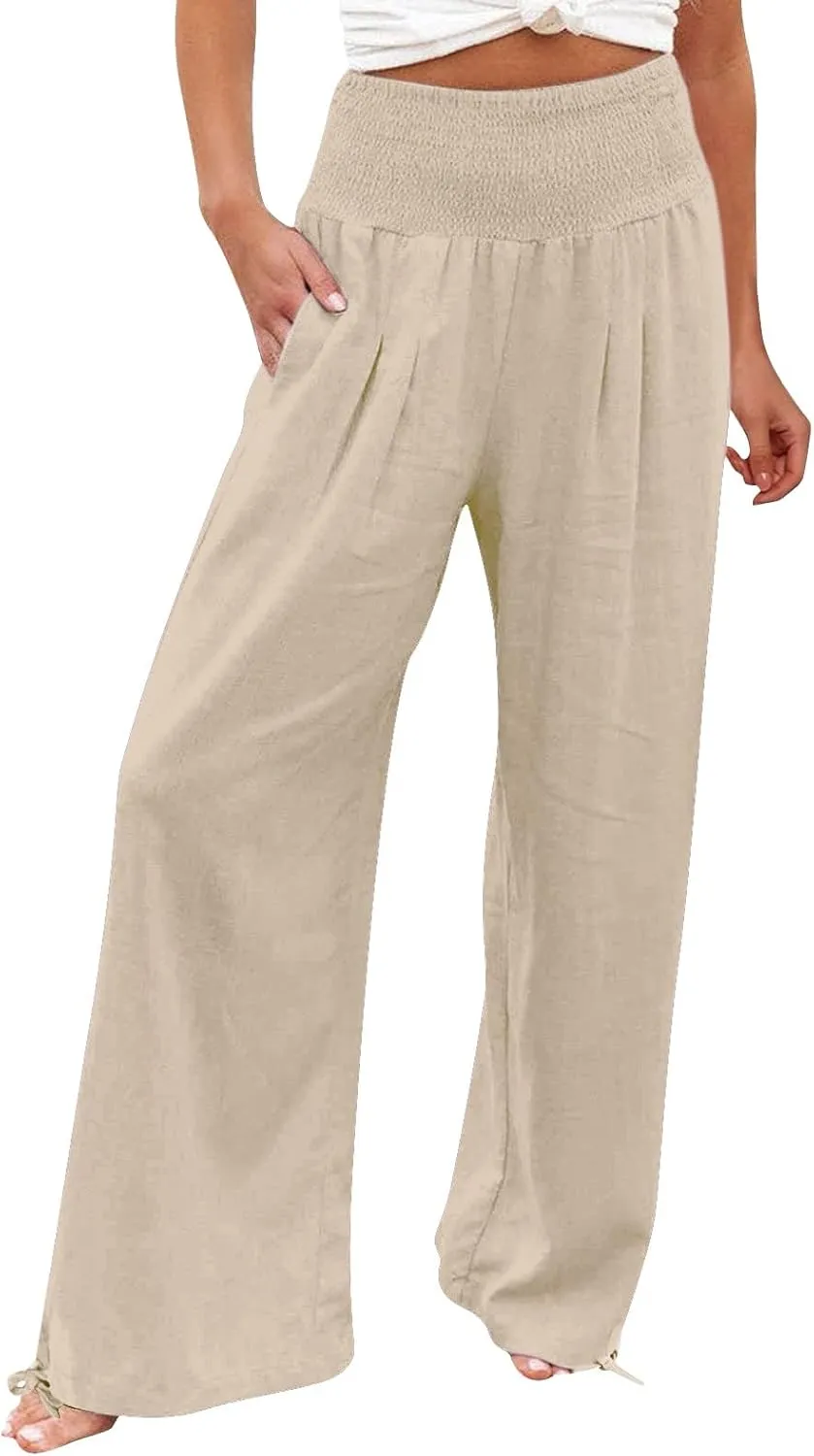 Women Linen Summer Casual Loose Palazzo Lounge Pants High Waist Bootcut Slim-Fit Pants Office