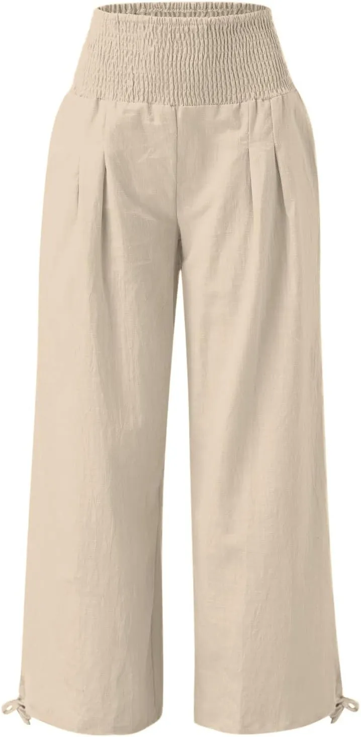 Women Linen Summer Casual Loose Palazzo Lounge Pants High Waist Bootcut Slim-Fit Pants Office