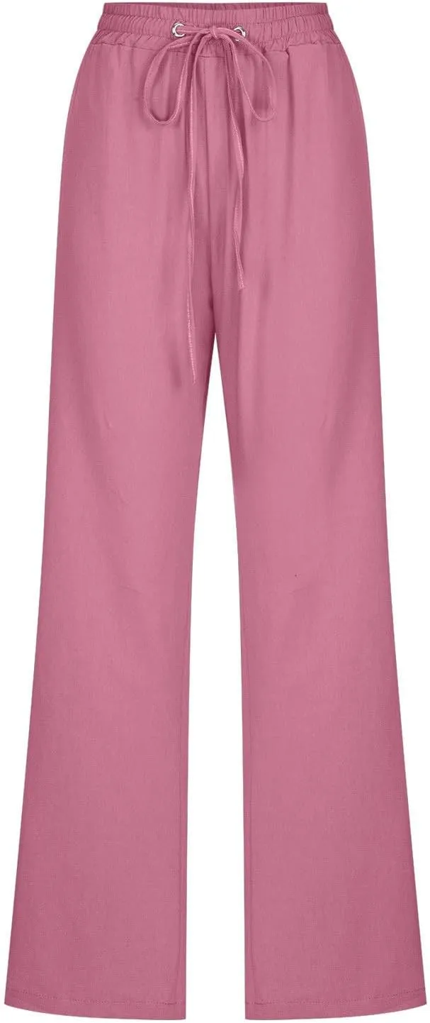 Women Linen Summer Letter Patched Pant Trousers High Waist Stretchy Straight Slim-Fit Palazzo Pants Business Work