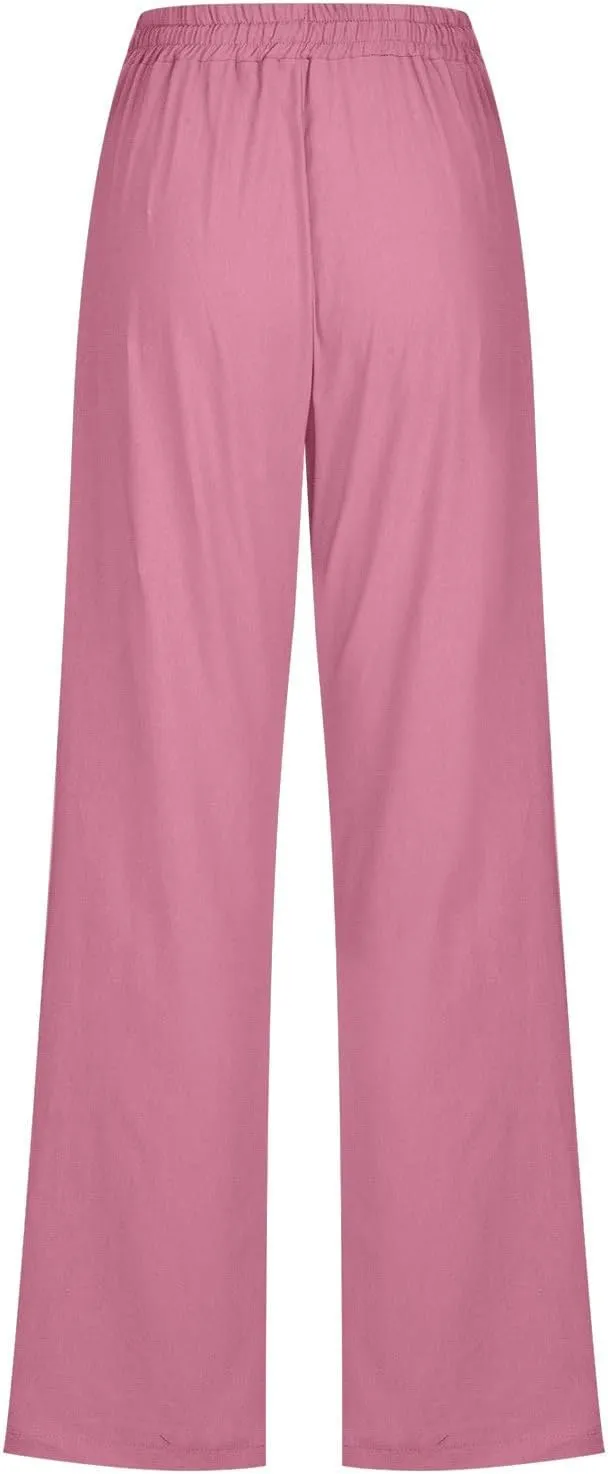 Women Linen Summer Letter Patched Pant Trousers High Waist Stretchy Straight Slim-Fit Palazzo Pants Business Work