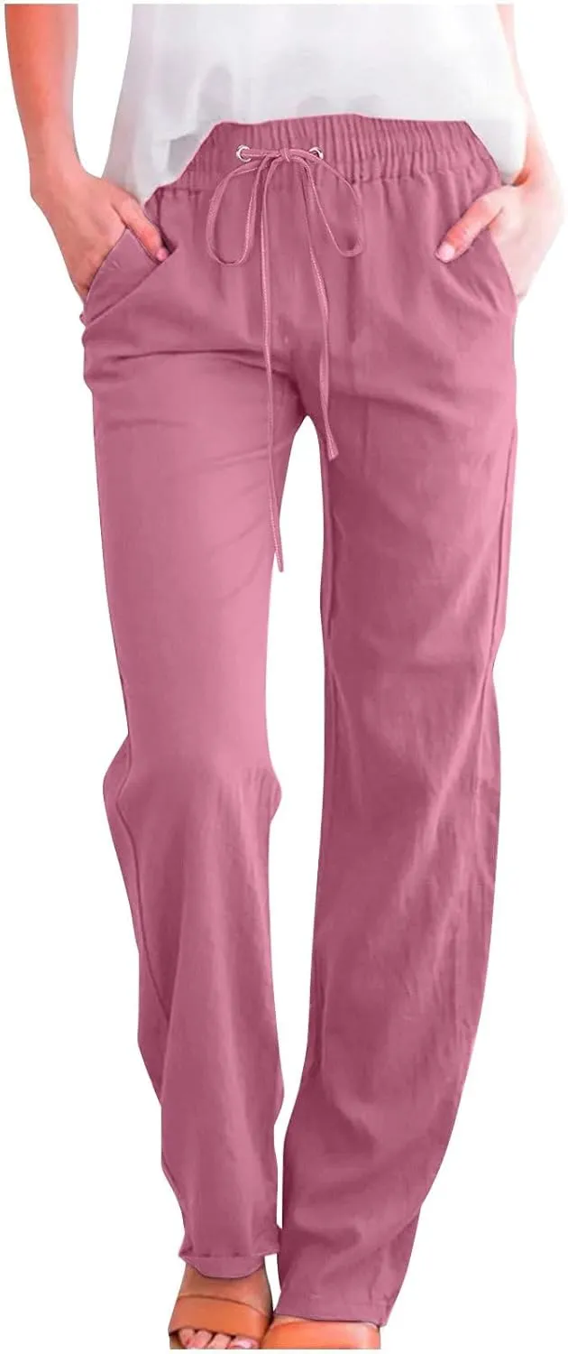 Women Linen Summer Letter Patched Pant Trousers High Waist Stretchy Straight Slim-Fit Palazzo Pants Business Work