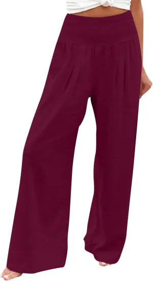 Women Linen Summer Palazzo Pant Trousers Low Waist Ankle Length Slim-Fit Palazzo Lounge Pants Beach