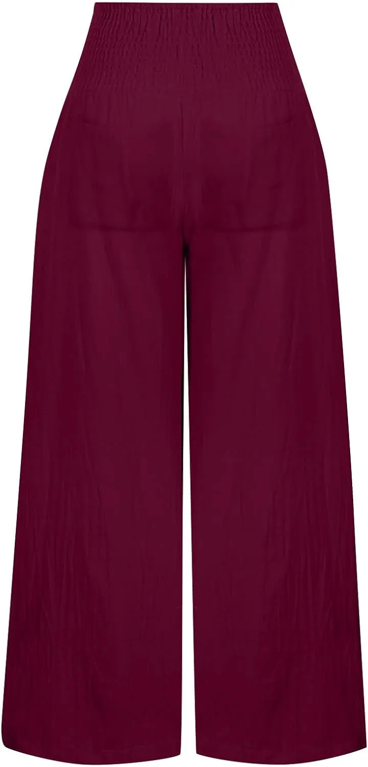 Women Linen Summer Palazzo Pant Trousers Low Waist Ankle Length Slim-Fit Palazzo Lounge Pants Beach
