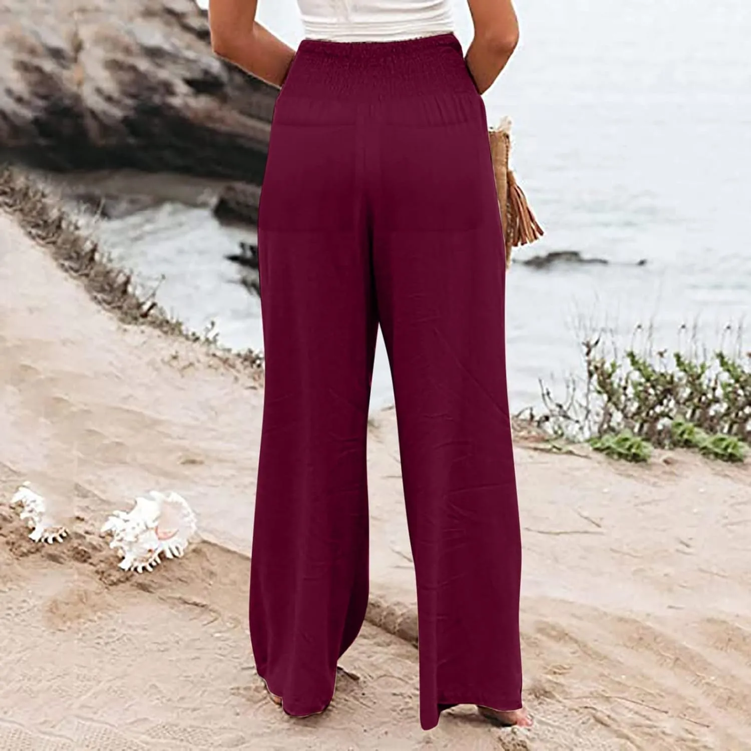 Women Linen Summer Palazzo Pant Trousers Low Waist Ankle Length Slim-Fit Palazzo Lounge Pants Beach