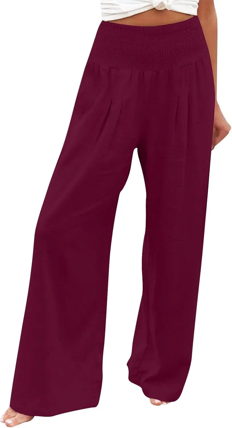 Women Linen Summer Palazzo Pant Trousers Low Waist Ankle Length Slim-Fit Palazzo Lounge Pants Beach