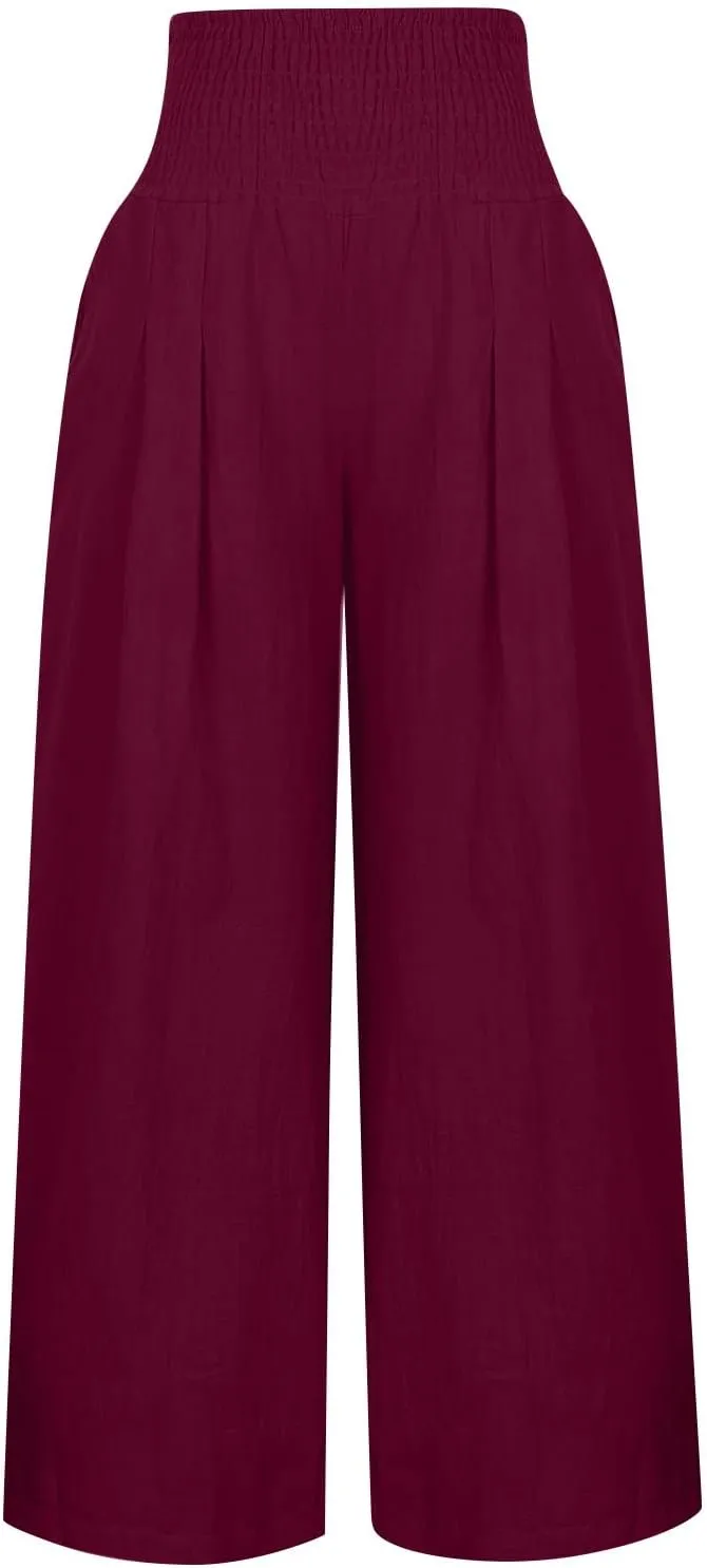 Women Linen Summer Palazzo Pant Trousers Low Waist Ankle Length Slim-Fit Palazzo Lounge Pants Beach