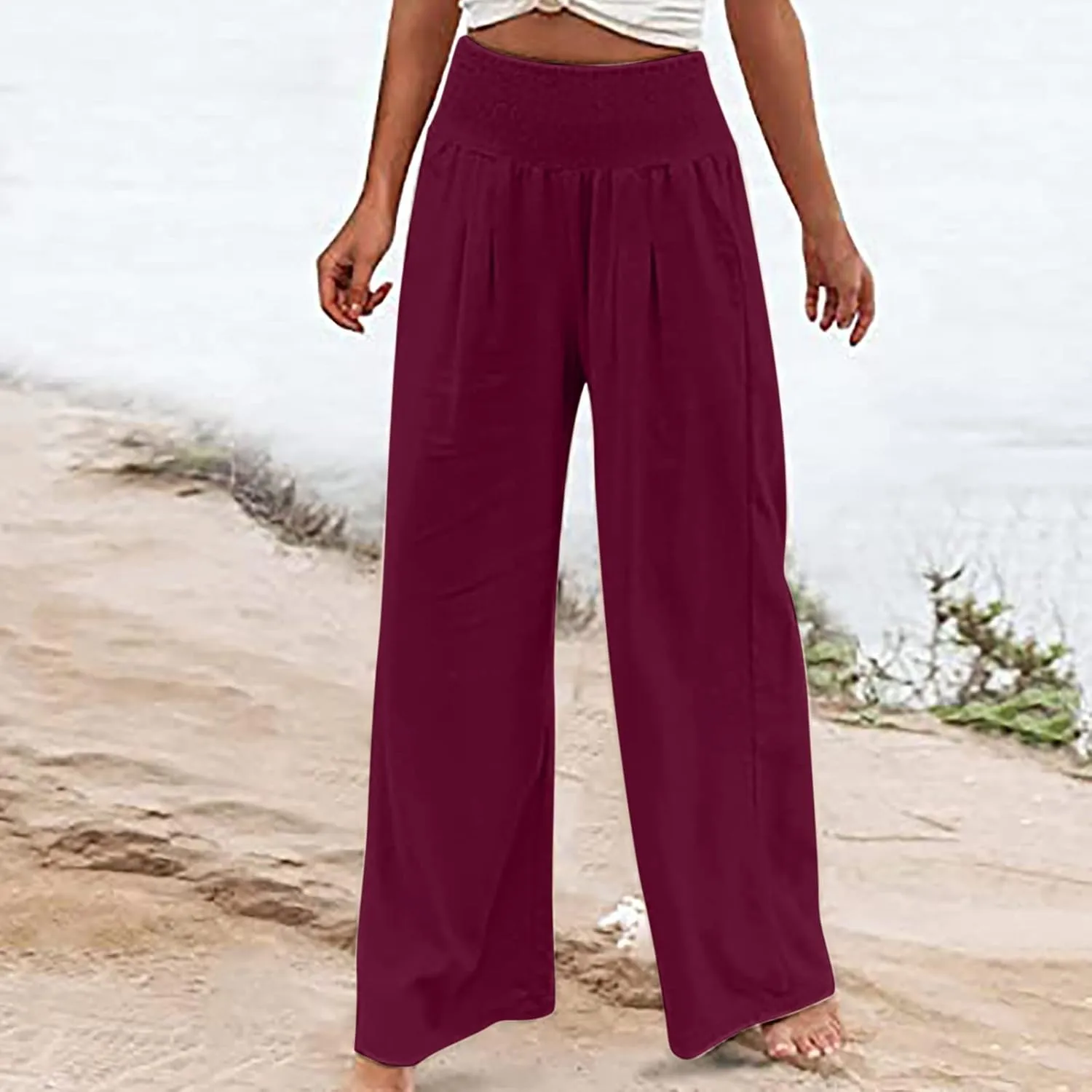 Women Linen Summer Palazzo Pant Trousers Low Waist Ankle Length Slim-Fit Palazzo Lounge Pants Beach