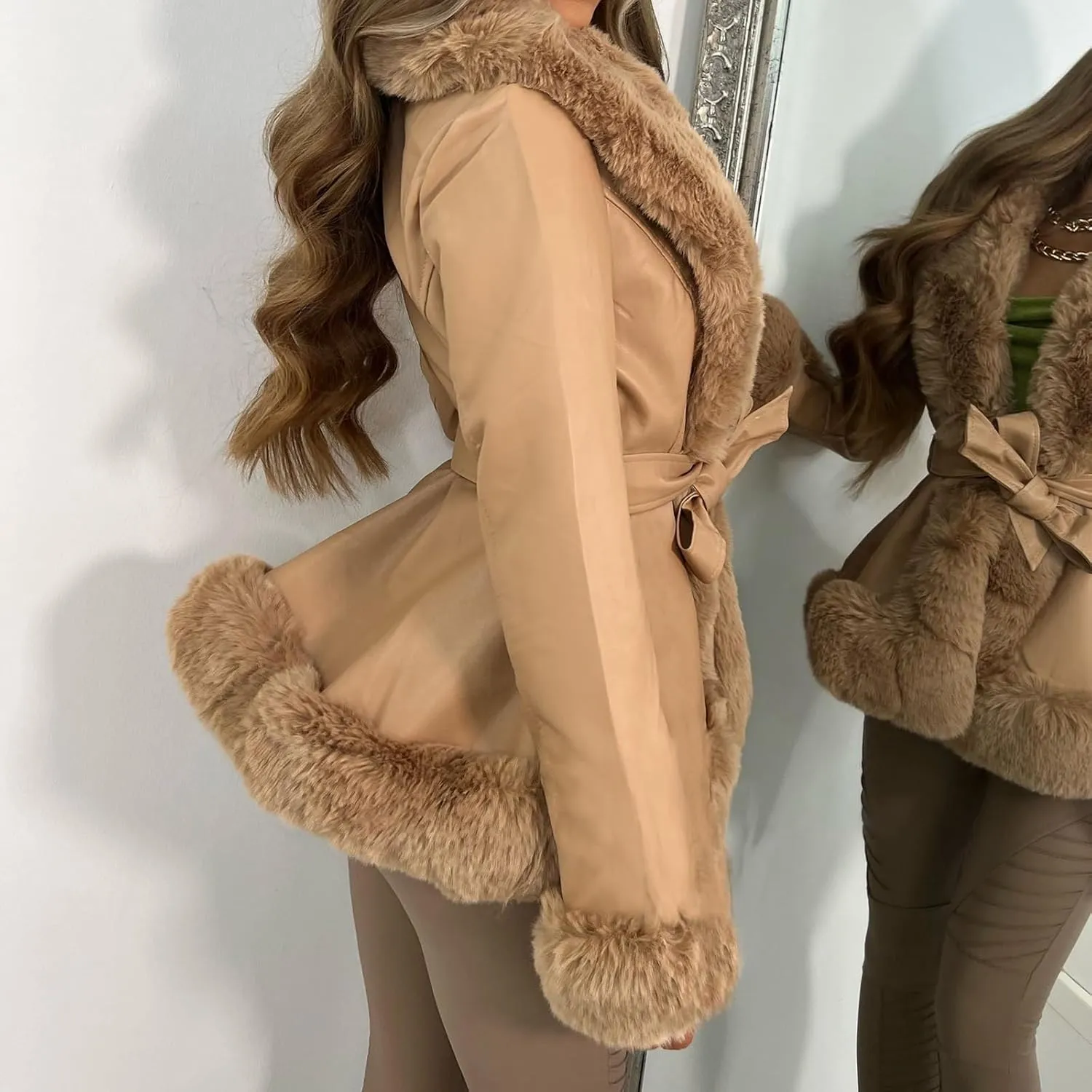 Women 's Faux Leather Parka Jacket Long Sleeve Faux Fur Collar Open Front Thicken Slim Warm Winter Coat With Belt