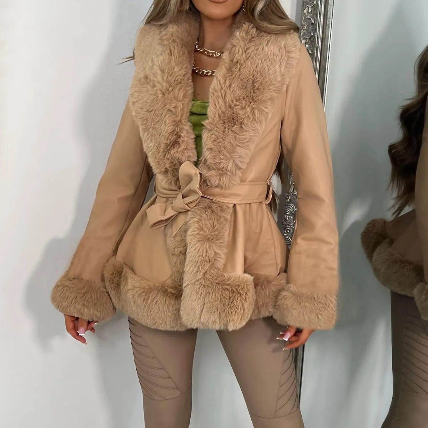 Women 's Faux Leather Parka Jacket Long Sleeve Faux Fur Collar Open Front Thicken Slim Warm Winter Coat With Belt