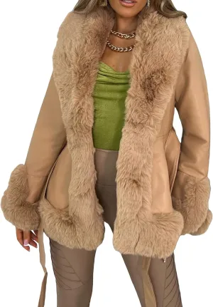 Women 's Faux Leather Parka Jacket Long Sleeve Faux Fur Collar Open Front Thicken Slim Warm Winter Coat With Belt