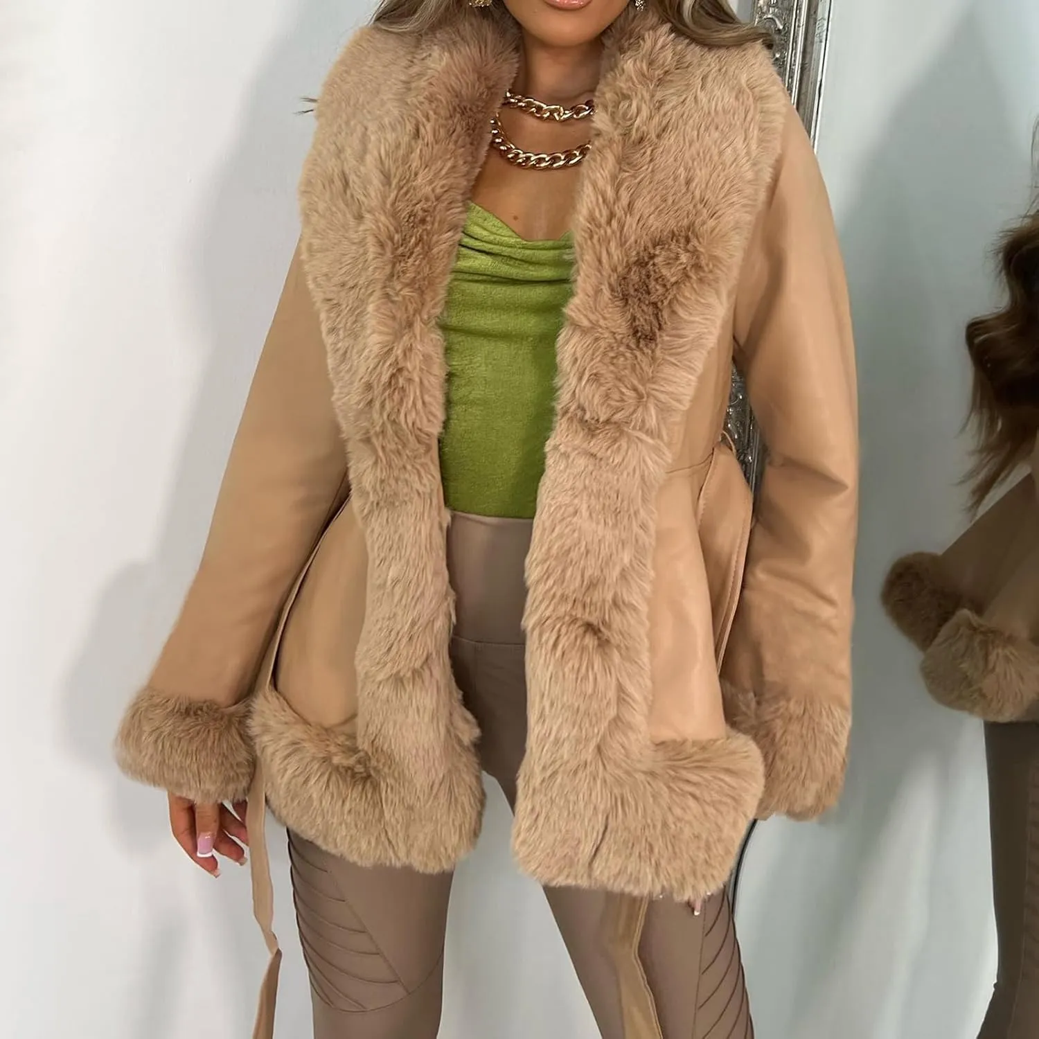 Women 's Faux Leather Parka Jacket Long Sleeve Faux Fur Collar Open Front Thicken Slim Warm Winter Coat With Belt
