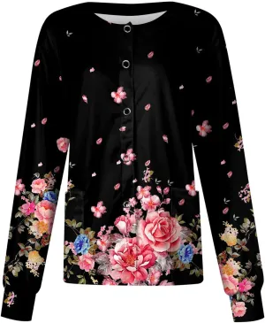 Women Scrubs Jacket Long Sleeve Snap Front Warm Up Medical Scrub Tops Butterfly Print Nurse Working Uniforms