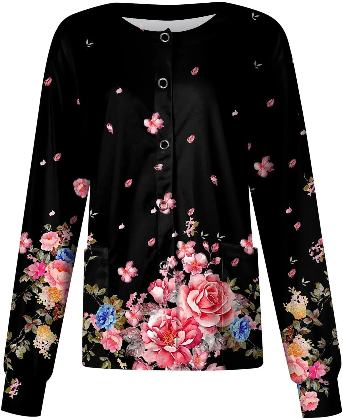 Women Scrubs Jacket Long Sleeve Snap Front Warm Up Medical Scrub Tops Butterfly Print Nurse Working Uniforms