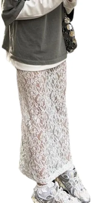 Women Sexy Sheer Lace White Flare Skirts Summer Floral Embroidered High Waist Long Maxi Beach Skirt