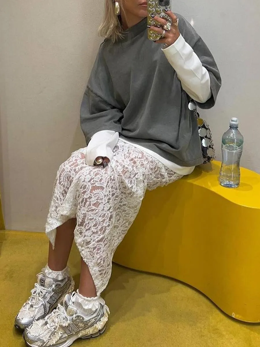 Women Sexy Sheer Lace White Flare Skirts Summer Floral Embroidered High Waist Long Maxi Beach Skirt