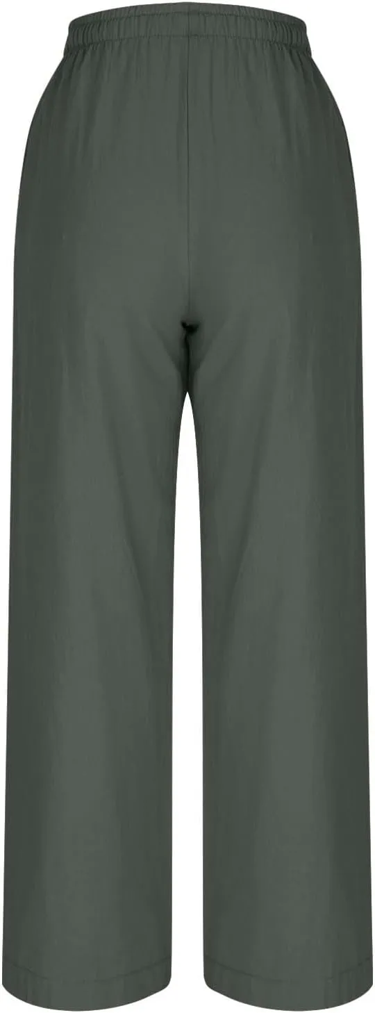 Women Summer Baggy Linen Pants Casual Loose Cotton Wide Leg Palazzo Pants Drawstring Waist Y2K Trousers with Pocket