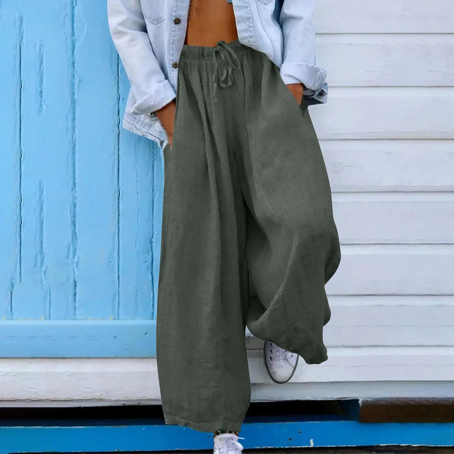 Women Summer Baggy Linen Pants Casual Loose Cotton Wide Leg Palazzo Pants Drawstring Waist Y2K Trousers with Pocket