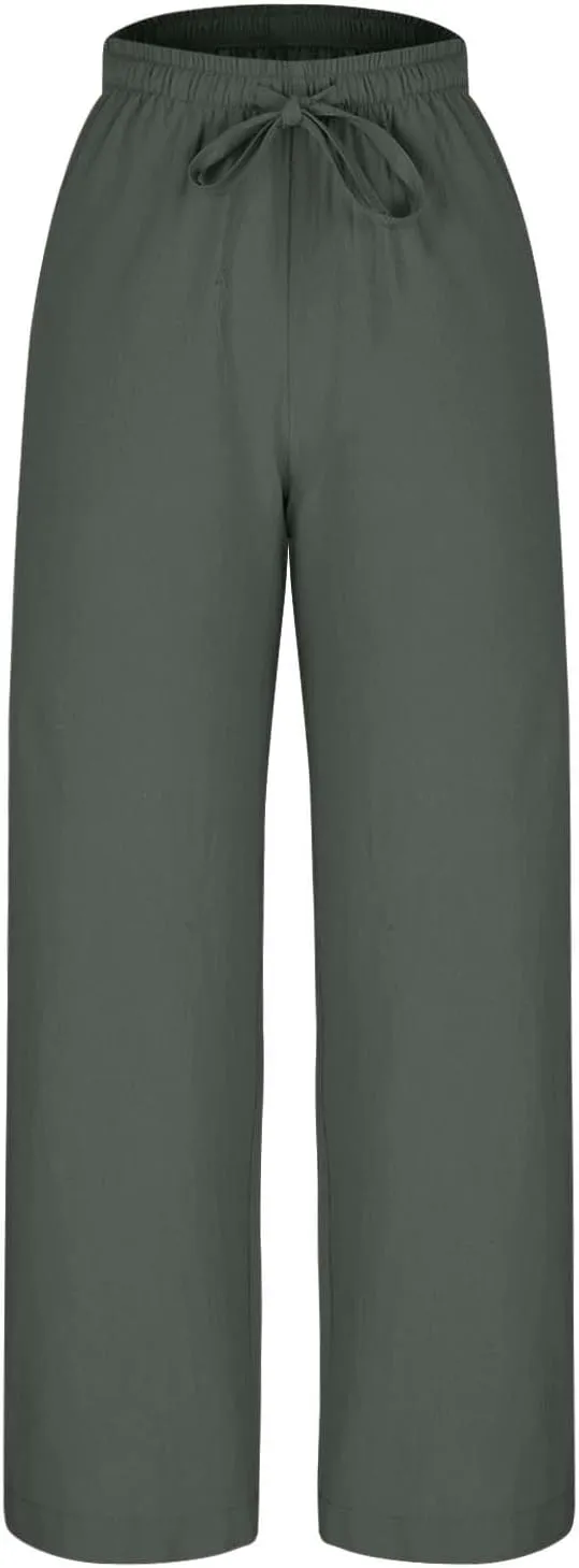 Women Summer Baggy Linen Pants Casual Loose Cotton Wide Leg Palazzo Pants Drawstring Waist Y2K Trousers with Pocket