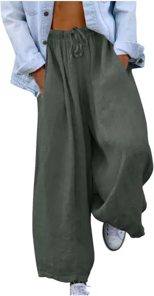 Women Summer Baggy Linen Pants Casual Loose Cotton Wide Leg Palazzo Pants Drawstring Waist Y2K Trousers with Pocket
