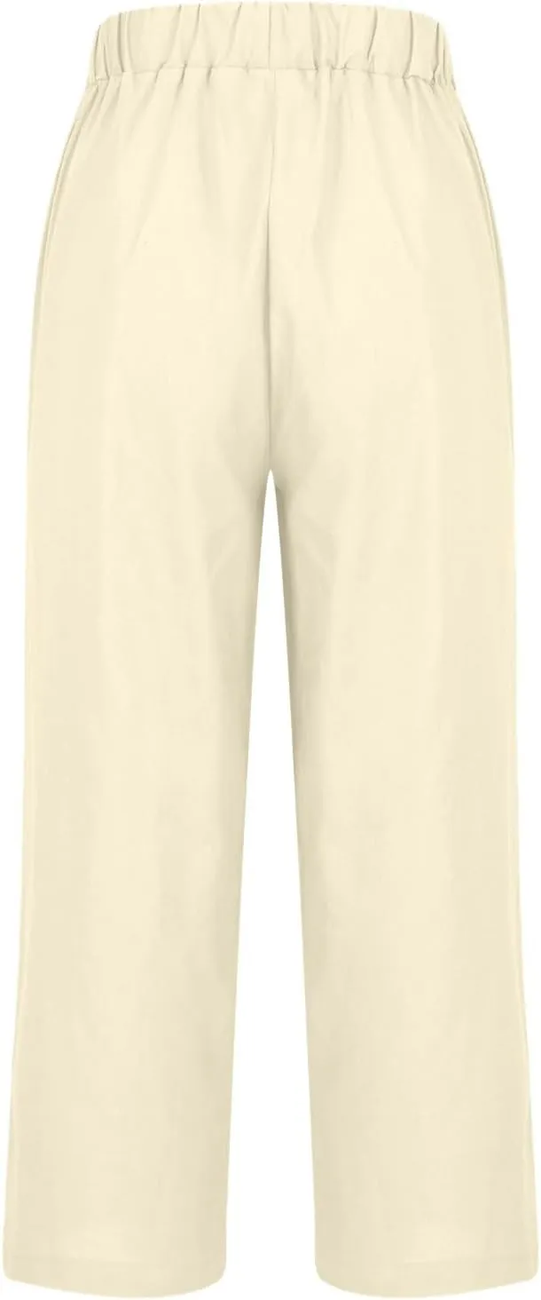 Women Summer Beach Pants Casual Elastic High Waist Wide Leg Pant Comfy Cotton Linen Plus Size Trousers with Pockets