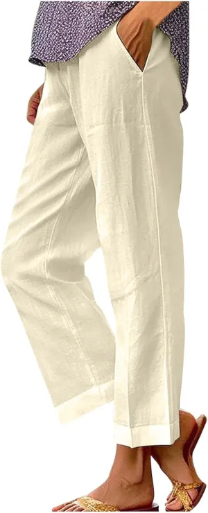 Women Summer Beach Pants Casual Elastic High Waist Wide Leg Pant Comfy Cotton Linen Plus Size Trousers with Pockets