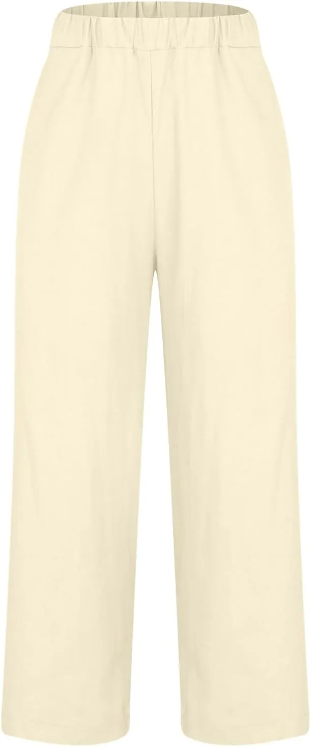 Women Summer Beach Pants Casual Elastic High Waist Wide Leg Pant Comfy Cotton Linen Plus Size Trousers with Pockets
