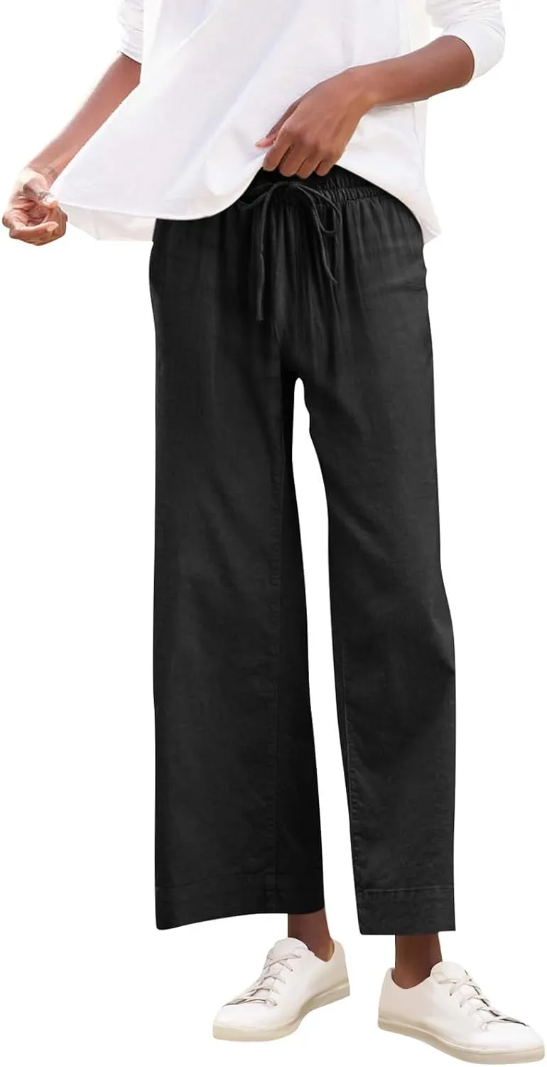 Women Summer Wide Leg Straight Trousers Casual Drawstring Waist Palazzo Pants with Pocket 2025 Cotton Linen Outfits