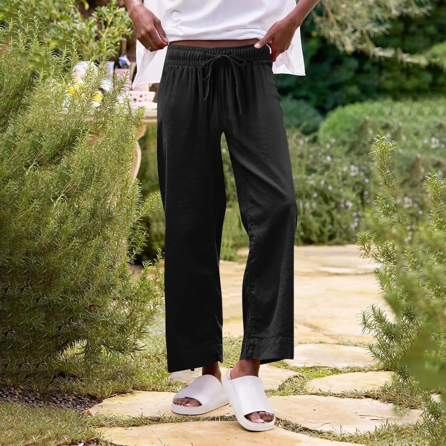 Women Summer Wide Leg Straight Trousers Casual Drawstring Waist Palazzo Pants with Pocket 2025 Cotton Linen Outfits