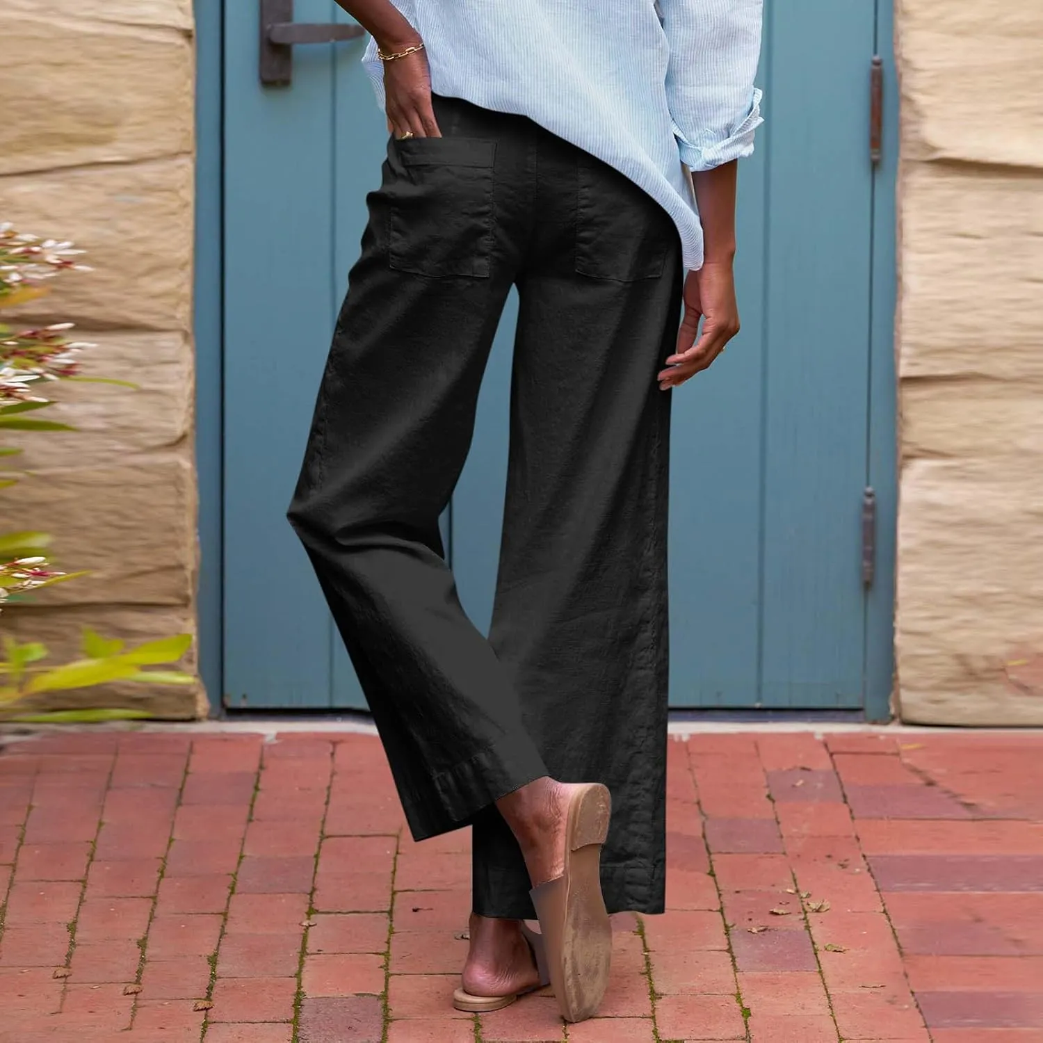 Women Summer Wide Leg Straight Trousers Casual Drawstring Waist Palazzo Pants with Pocket 2025 Cotton Linen Outfits