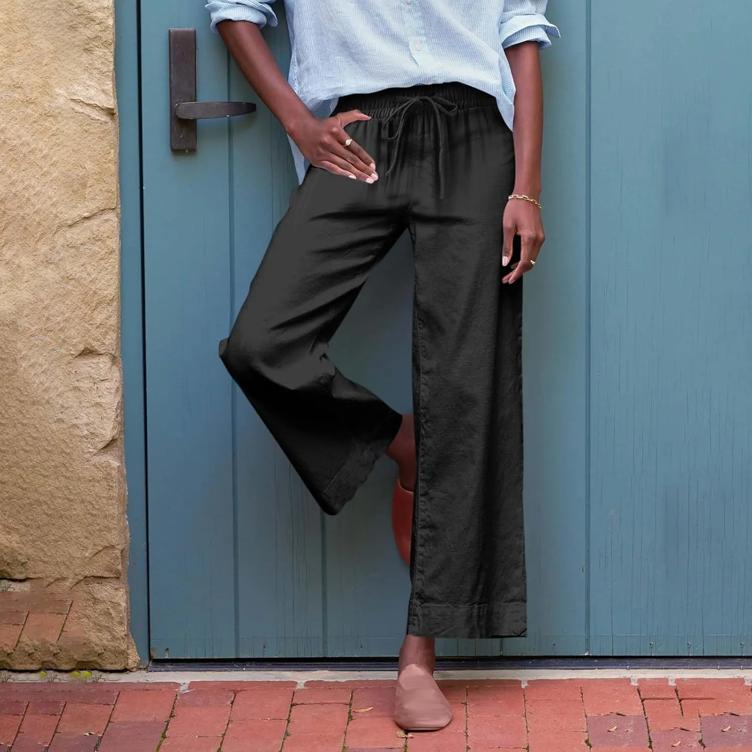 Women Summer Wide Leg Straight Trousers Casual Drawstring Waist Palazzo Pants with Pocket 2025 Cotton Linen Outfits
