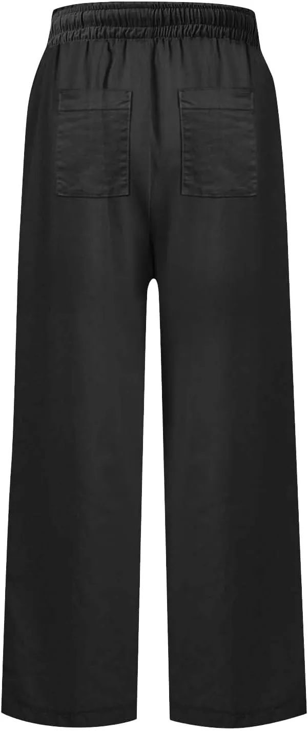 Women Summer Wide Leg Straight Trousers Casual Drawstring Waist Palazzo Pants with Pocket 2025 Cotton Linen Outfits