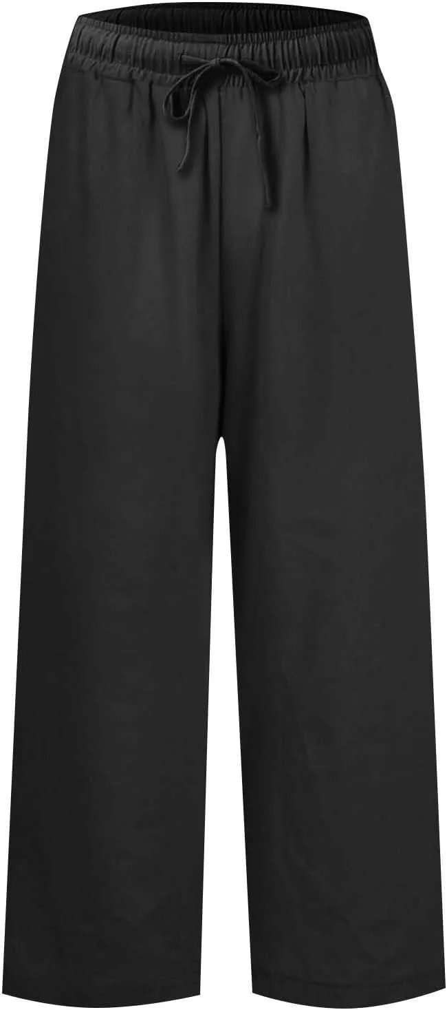 Women Summer Wide Leg Straight Trousers Casual Drawstring Waist Palazzo Pants with Pocket 2025 Cotton Linen Outfits