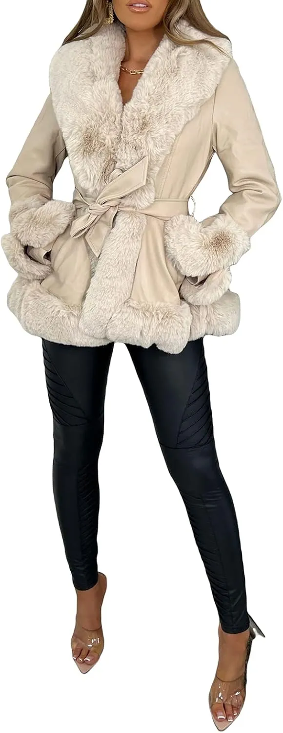 Women Warm Leather Jacket with Trim Feather Fashion Y2K Open Front Plush Collar Warm Cardigan with Belt