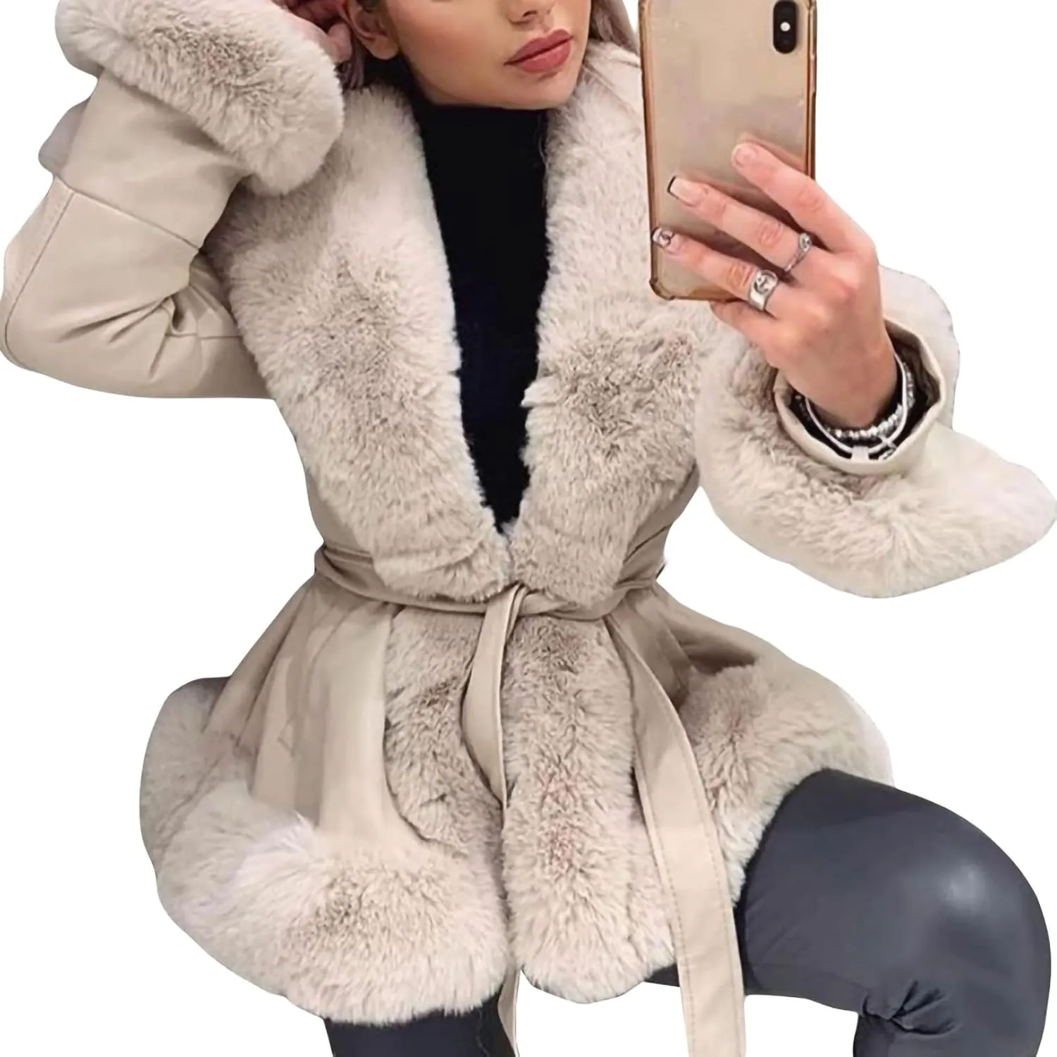 Women Warm Leather Jacket with Trim Feather Fashion Y2K Open Front Plush Collar Warm Cardigan with Belt