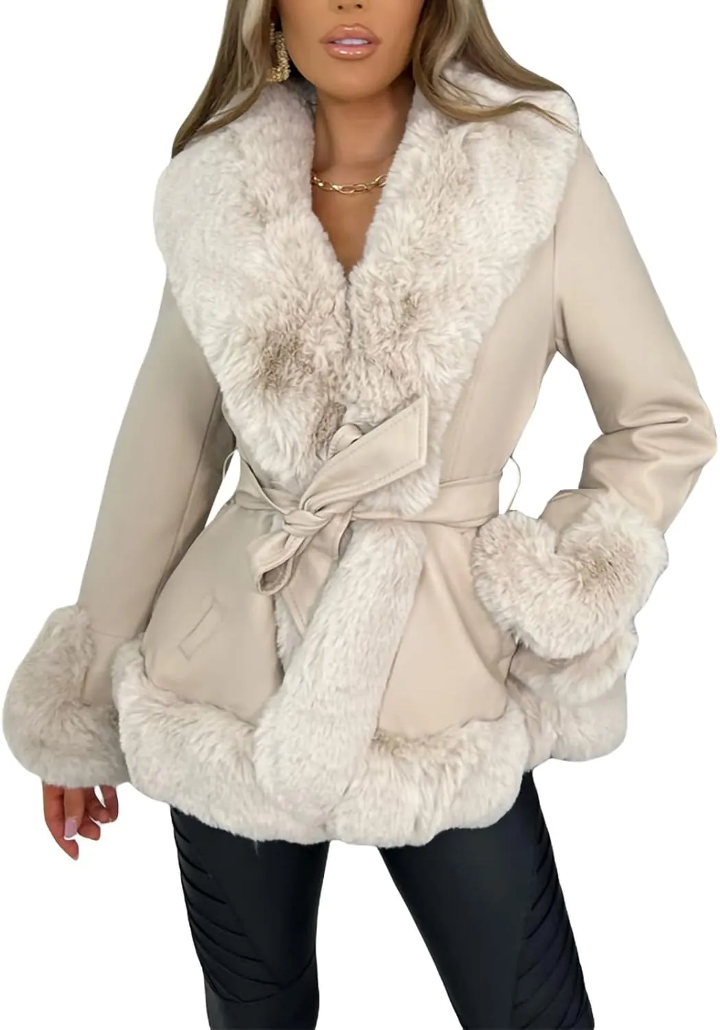 Women Warm Leather Jacket with Trim Feather Fashion Y2K Open Front Plush Collar Warm Cardigan with Belt