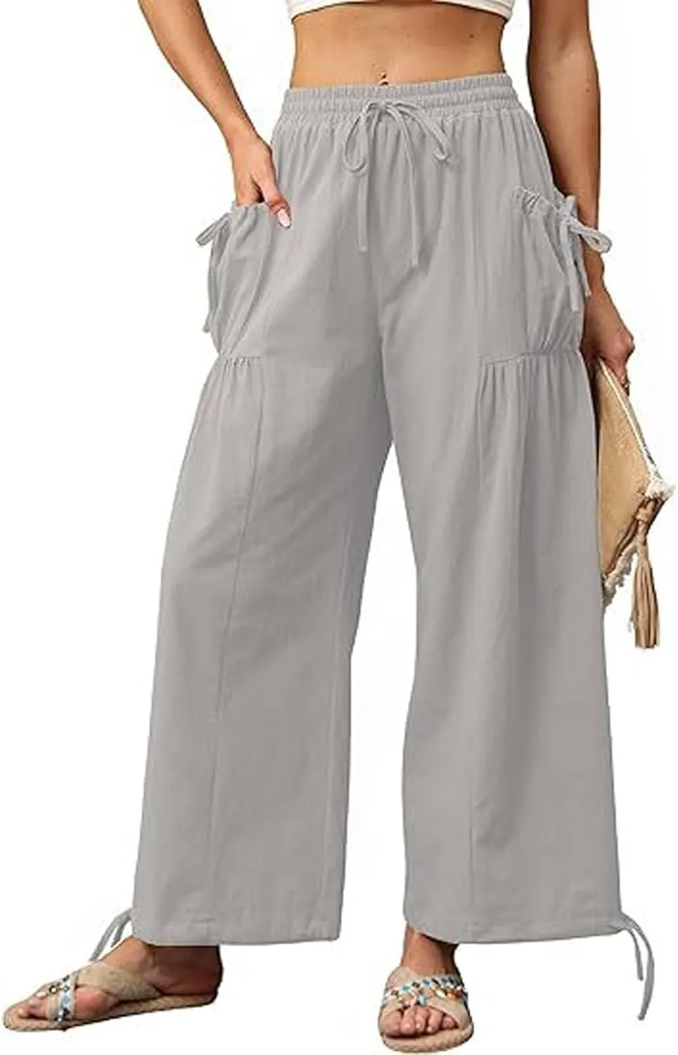 Women's Boho Pants Casual Loose Summer Wide Leg Drawstring High Waist Palazzo Trousers Beach Pant with Pockets