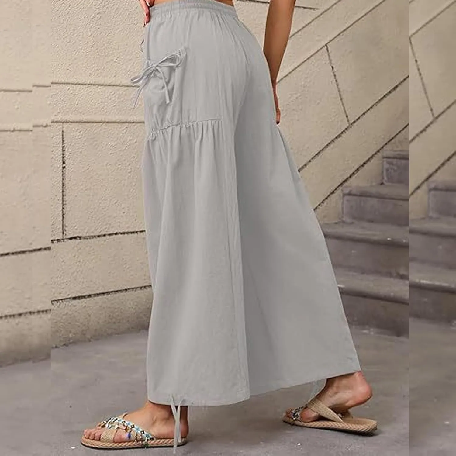 Women's Boho Pants Casual Loose Summer Wide Leg Drawstring High Waist Palazzo Trousers Beach Pant with Pockets