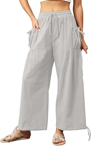 Women's Boho Pants Casual Loose Summer Wide Leg Drawstring High Waist Palazzo Trousers Beach Pant with Pockets
