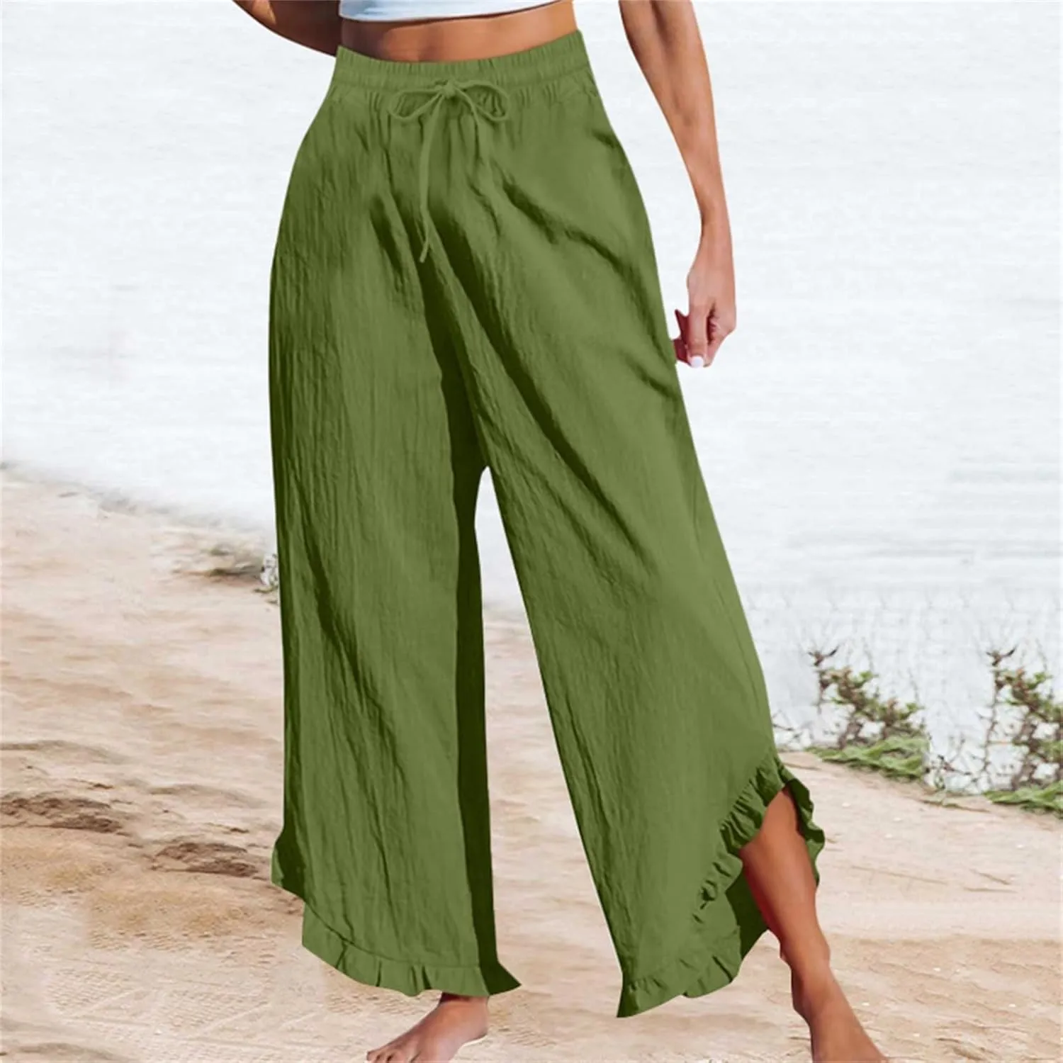 Womens Business Casual Linen Pants, 2025 Loose Fit Long Trousers 2025 Spring High Waist Knit Sweatpants with Pockets