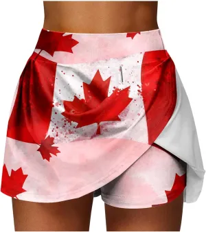Womens Canada Flag Skorts,Satin Silk Mini Skirts for Women Vintage Maple Leaf Printed Tennis Skirts High Wasited Golf Skort