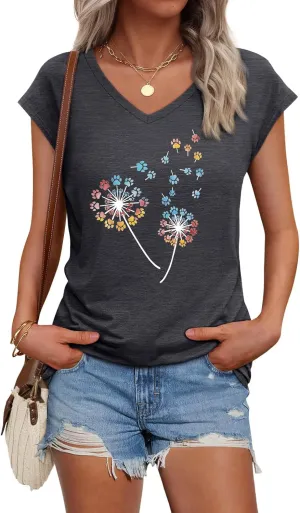 Womens Cap Sleeve Vintage Flowers V Neck Shirt Boho Floral Wildflowers Graphic Tees Funny Cottagecore Tops