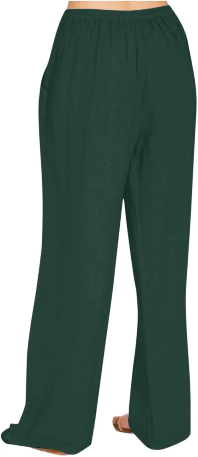 Womens Casual Cotton Linen Pants High Waist Drawstring Wide Leg Palazzo Pant Lightweight Loose Fit Lounge Trousers