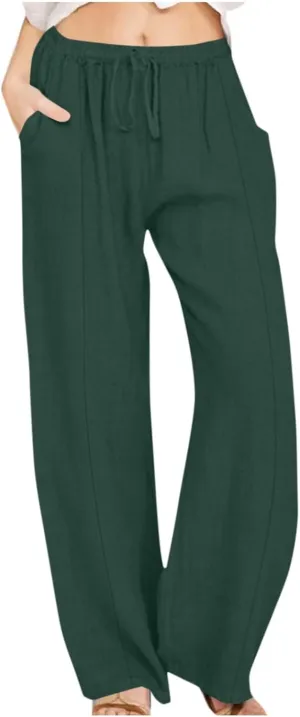 Womens Casual Cotton Linen Pants High Waist Drawstring Wide Leg Palazzo Pant Lightweight Loose Fit Lounge Trousers