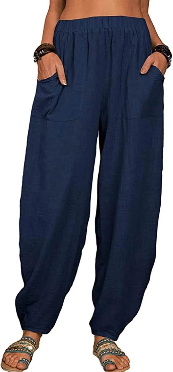 Women's Casual Lantern Tapered Harem Linen Pants Loose Fit Style Ankle Trousers Summer Baggy Slacks with Pocket