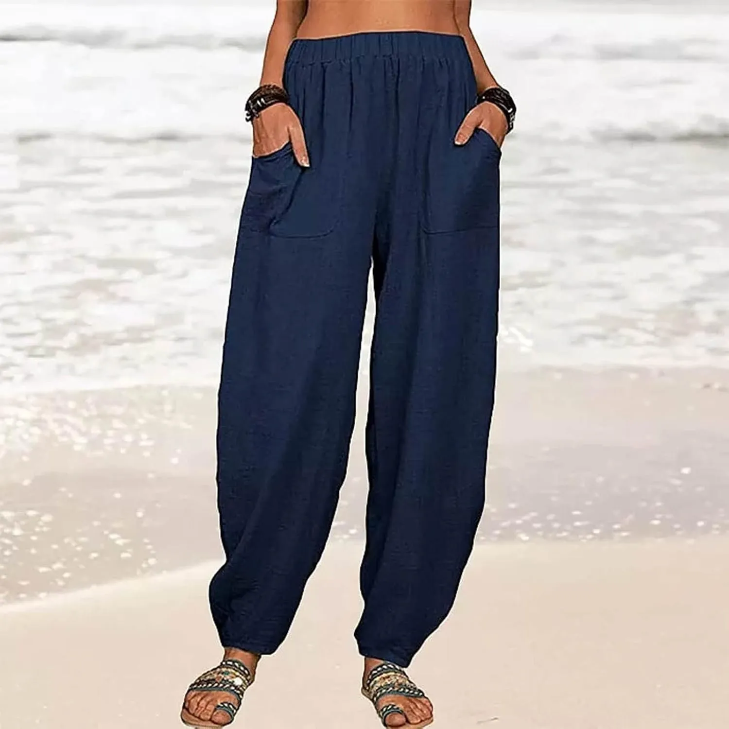 Women's Casual Lantern Tapered Harem Linen Pants Loose Fit Style Ankle Trousers Summer Baggy Slacks with Pocket